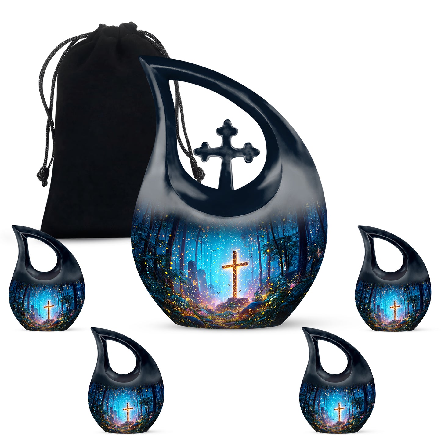 Navy Blue Cross Cremation Urn urn with complimentary velvet bag - cross and cross combined in spiritual memorial design - memorial set with one large and four small urns