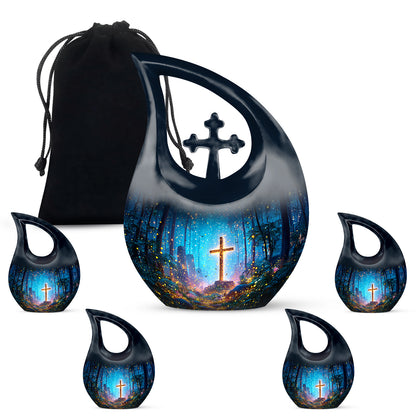 Navy Blue Cross Cremation Urn urn with complimentary velvet bag - cross and cross combined in spiritual memorial design - memorial set with one large and four small urns