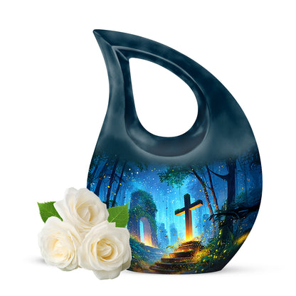 Distinguished Blue Cross Cremation Urn for Ashes - 10-inch, 200 cu in - Yatskia