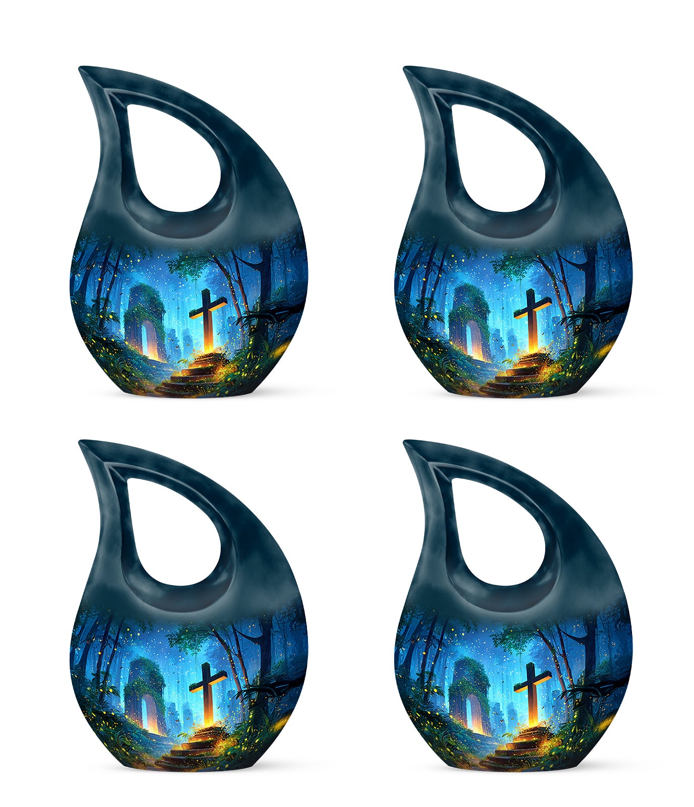 Azure Cross Cremation Urn lifestyle display on memorial shelf - cross and cross combined in spiritual memorial design - 10 inch aluminum urn for cremated remains
