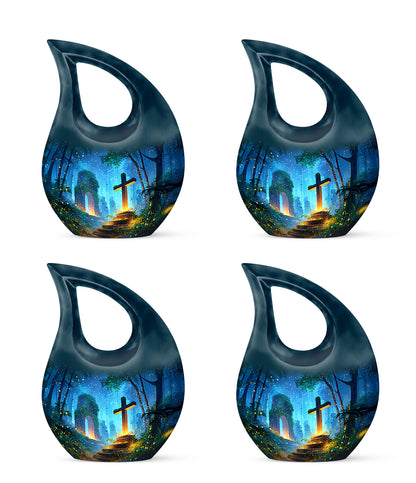 Azure Cross Cremation Urn lifestyle display on memorial shelf - cross and cross combined in spiritual memorial design - 10 inch aluminum urn for cremated remains