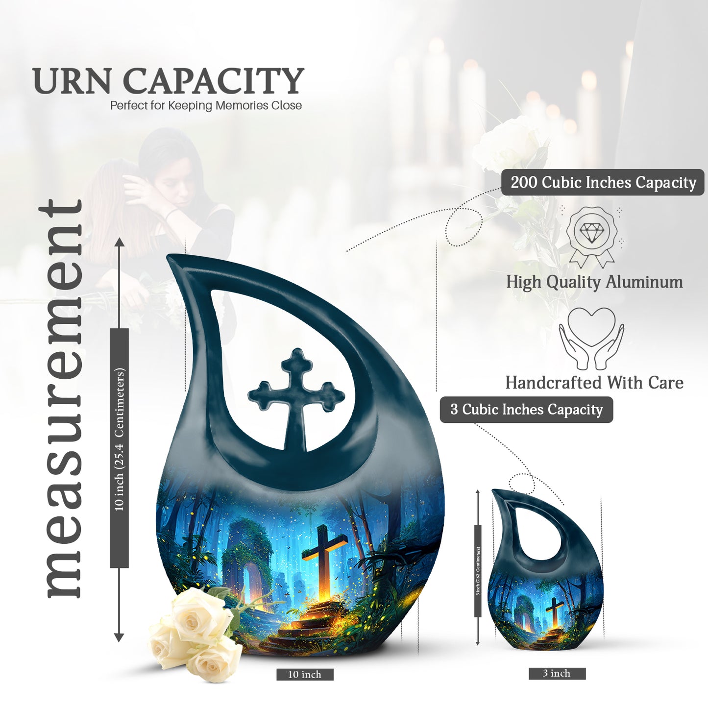 Vivid Blue Cross Cremation Urn back view with polished surface - devotional cross-drop cross engraving - mini keepsake memorial for portion of cremation ashes