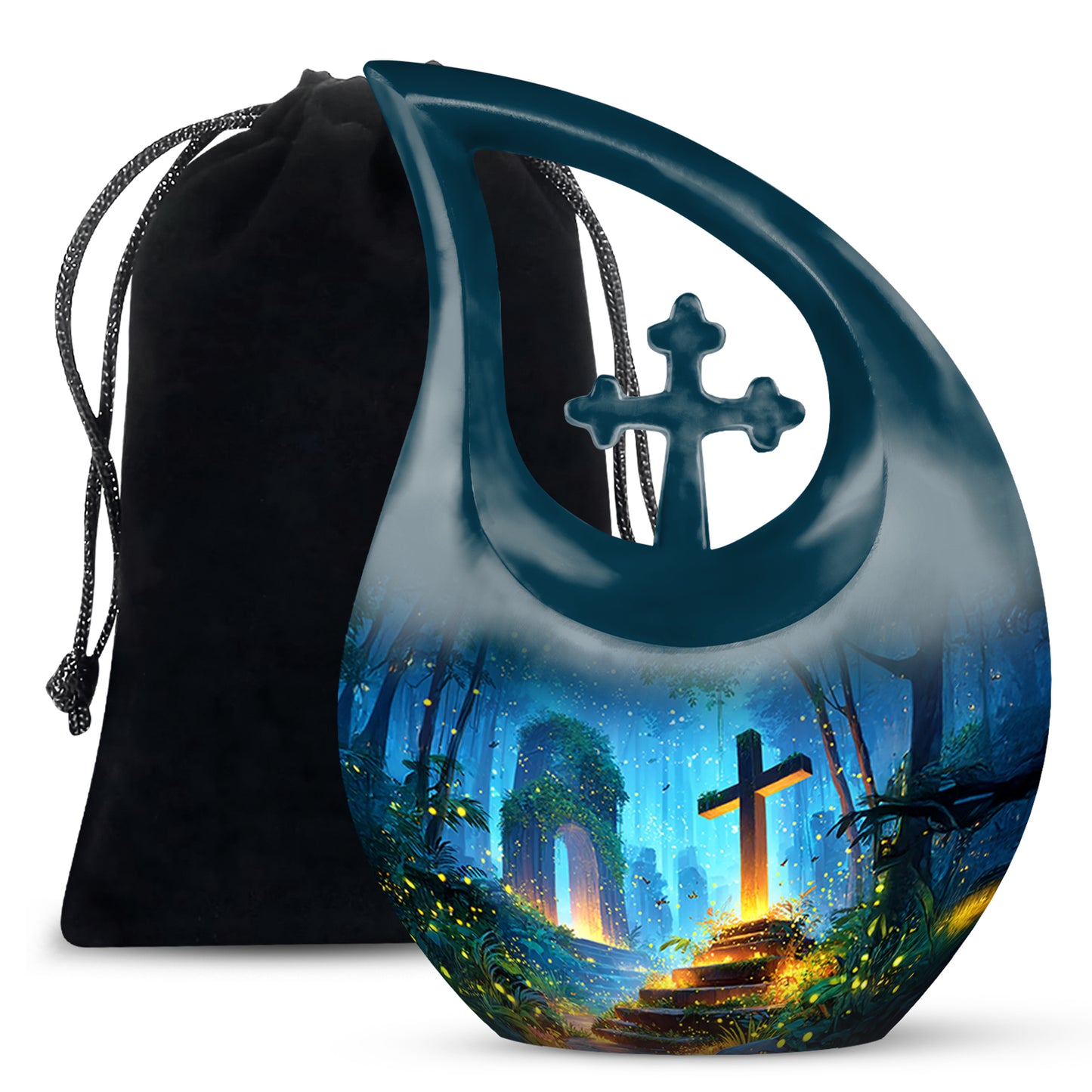 Vivid Blue Cross Cremation Urn top-down view of secure threaded lid - faith-inspired cross-drop urn with cross pattern - full-size 10 inch 200 cubic inch adult cremation urn