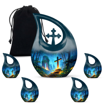 Royal Blue Cross Cremation Urn urn with complimentary velvet bag - faith-inspired cross-drop urn with cross pattern - memorial set with one large and four small urns