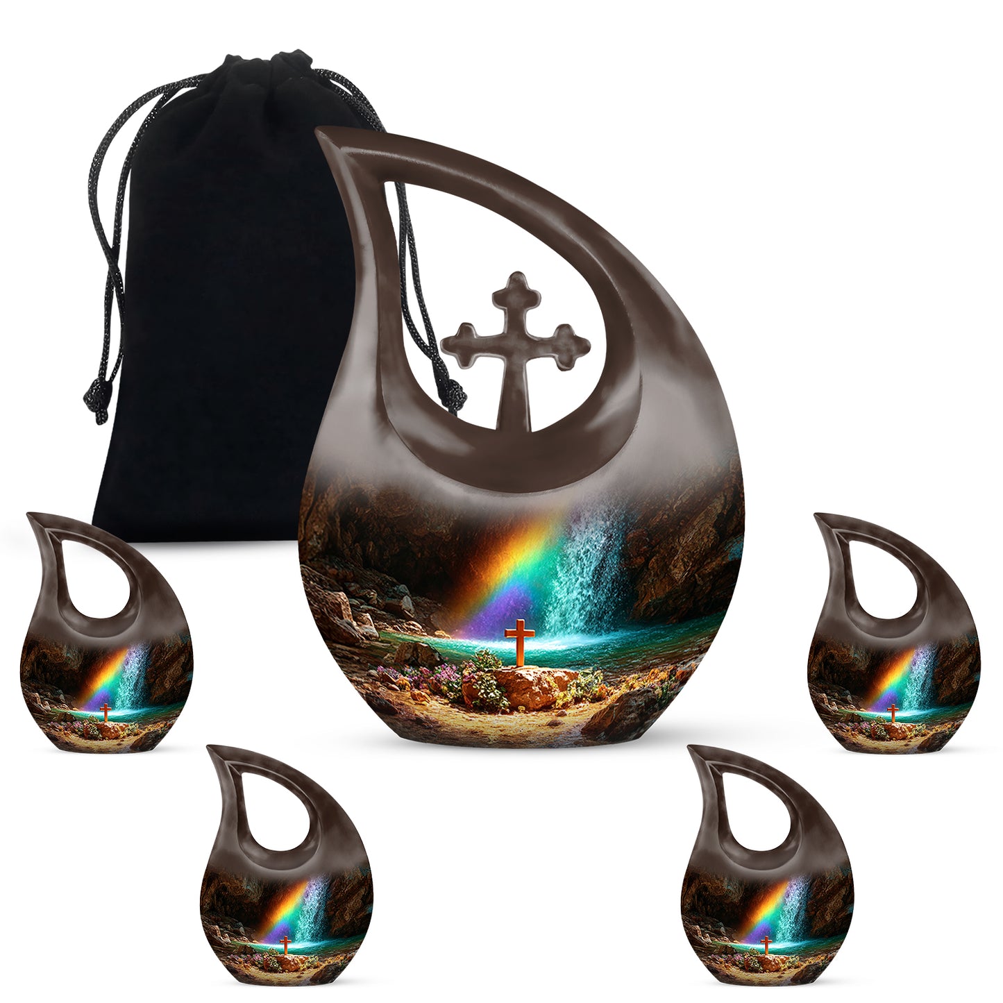Deep Red Cross Cremation Urn urn with complimentary velvet bag - sacred cross merged with cross motif on metal - memorial set with one large and four small urns