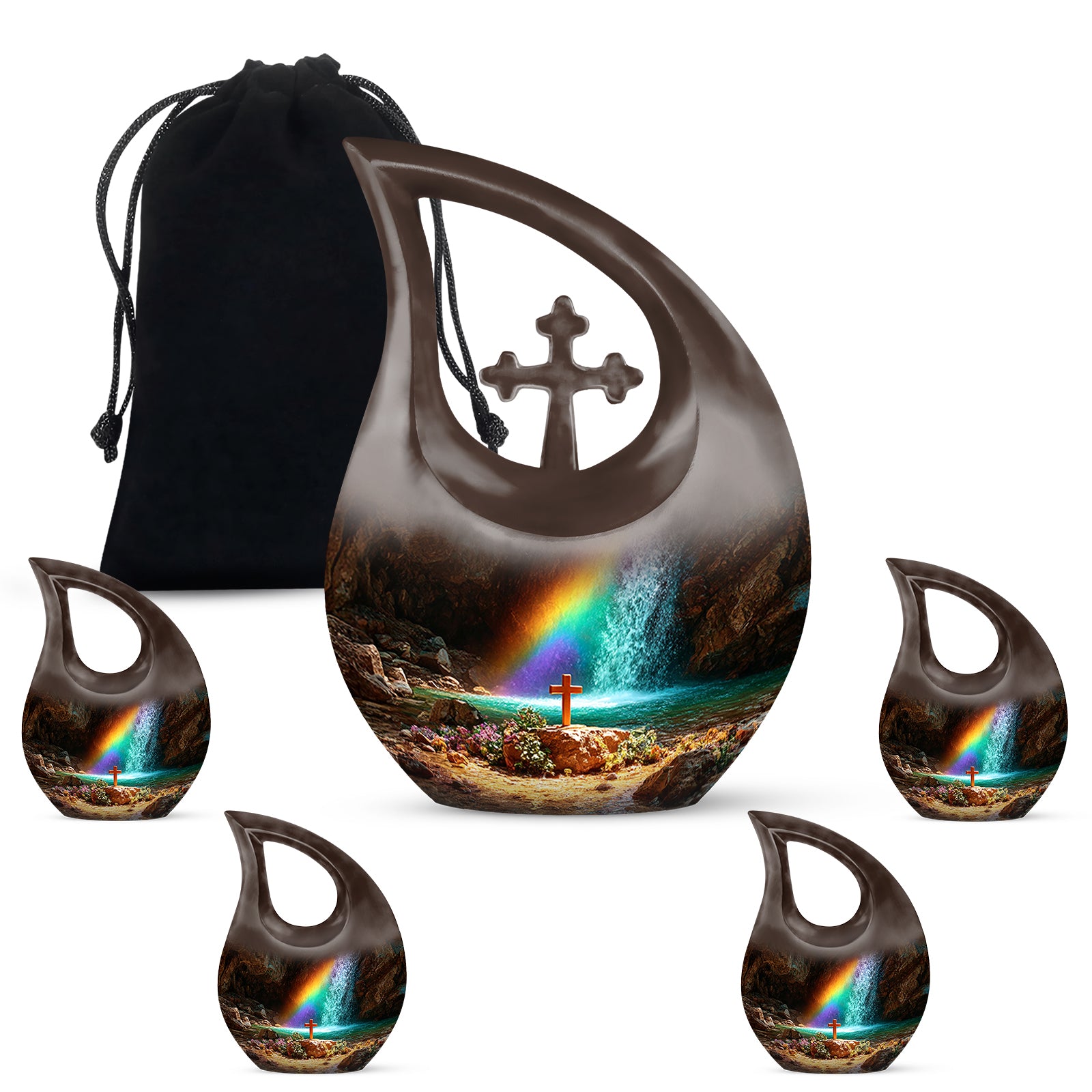 Deep Red Cross Cremation Urn urn with complimentary velvet bag - sacred cross merged with cross motif on metal - memorial set with one large and four small urns