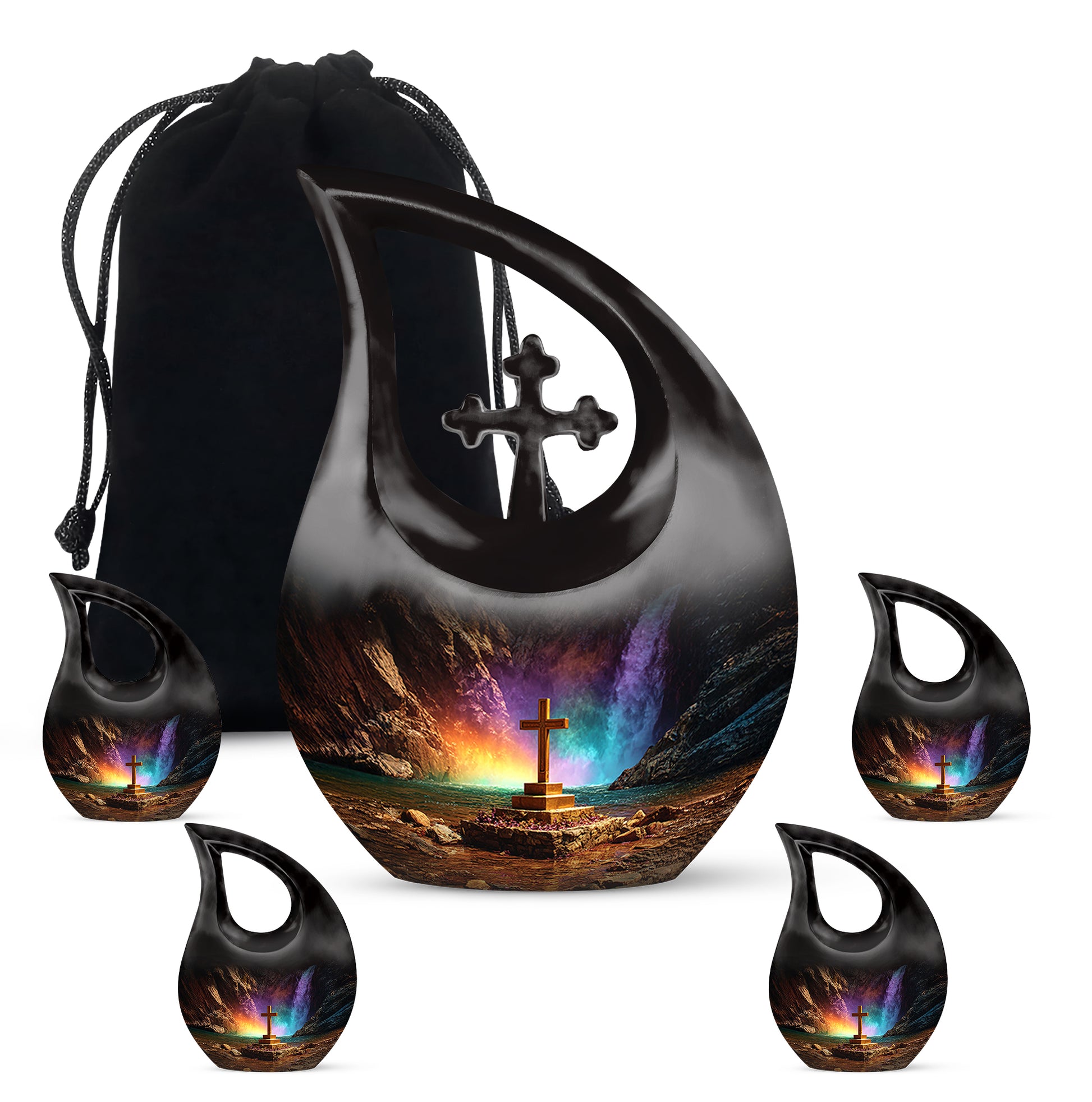 Charcoal Black Cross Cremation Urn urn with complimentary velvet bag - devotional cross-drop cross engraving - memorial set with one large and four small urns