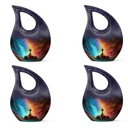 Deep Purple Cross Cremation Urn lifestyle display on memorial shelf - sacred cross merged with cross motif on metal - 10 inch aluminum urn for cremated remains