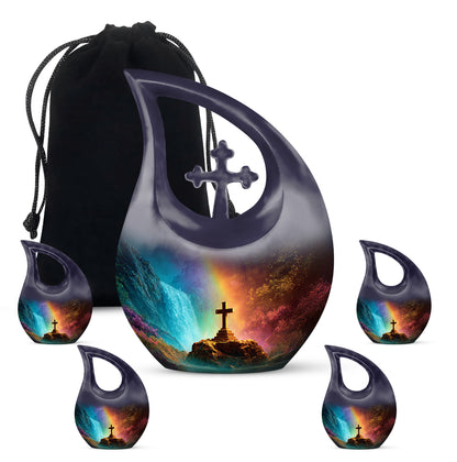 Lavender Purple Cross Cremation Urn urn with complimentary velvet bag - faith-inspired cross-drop urn with cross pattern - memorial set with one large and four small urns