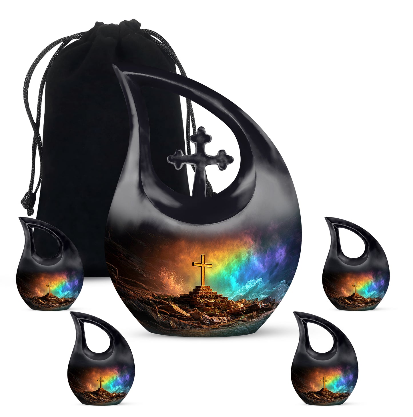 Midnight Black Cross Cremation Urn urn with complimentary velvet bag - faith-inspired cross-drop urn with cross pattern - memorial set with one large and four small urns