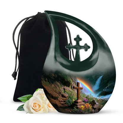 Pine Green Cross Cremation Urn top-down view of secure threaded lid - faith-inspired cross-drop urn with cross pattern - full-size 10 inch 200 cubic inch adult cremation urn