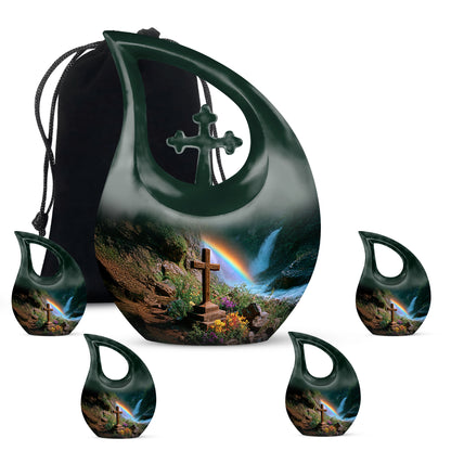 Emerald Green Cross Cremation Urn urn with complimentary velvet bag - sacred cross merged with cross motif on metal - memorial set with one large and four small urns