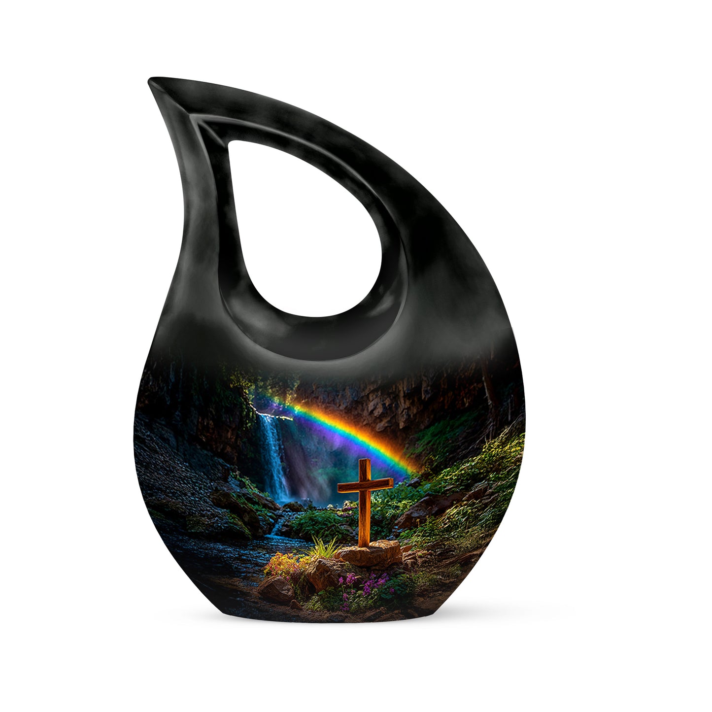 Black Serene Cross Memorial Urn for Ashes - 10-inch, 200 cu in - Yatskia