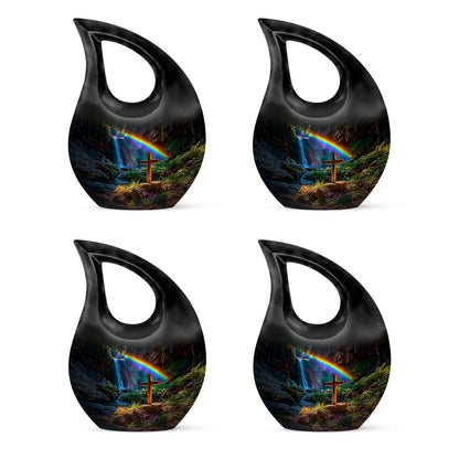 Jet Black Cross Cremation Urn lifestyle display on memorial shelf - sacred cross merged with cross motif on metal - 10 inch aluminum urn for cremated remains