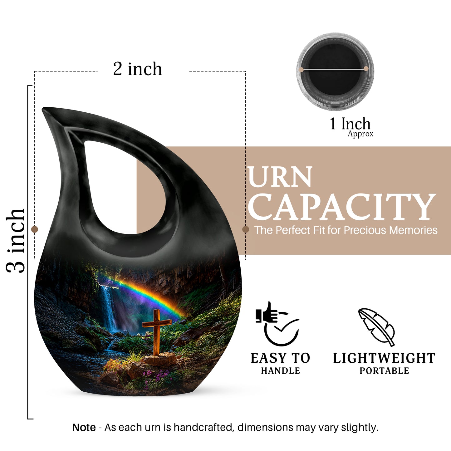 Glossy Black Cross Cremation Urn back view with polished surface - cross and cross combined in spiritual memorial design - mini keepsake memorial for portion of cremation ashes