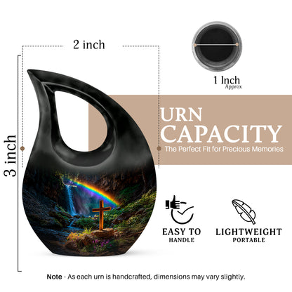 Glossy Black Cross Cremation Urn back view with polished surface - cross and cross combined in spiritual memorial design - mini keepsake memorial for portion of cremation ashes
