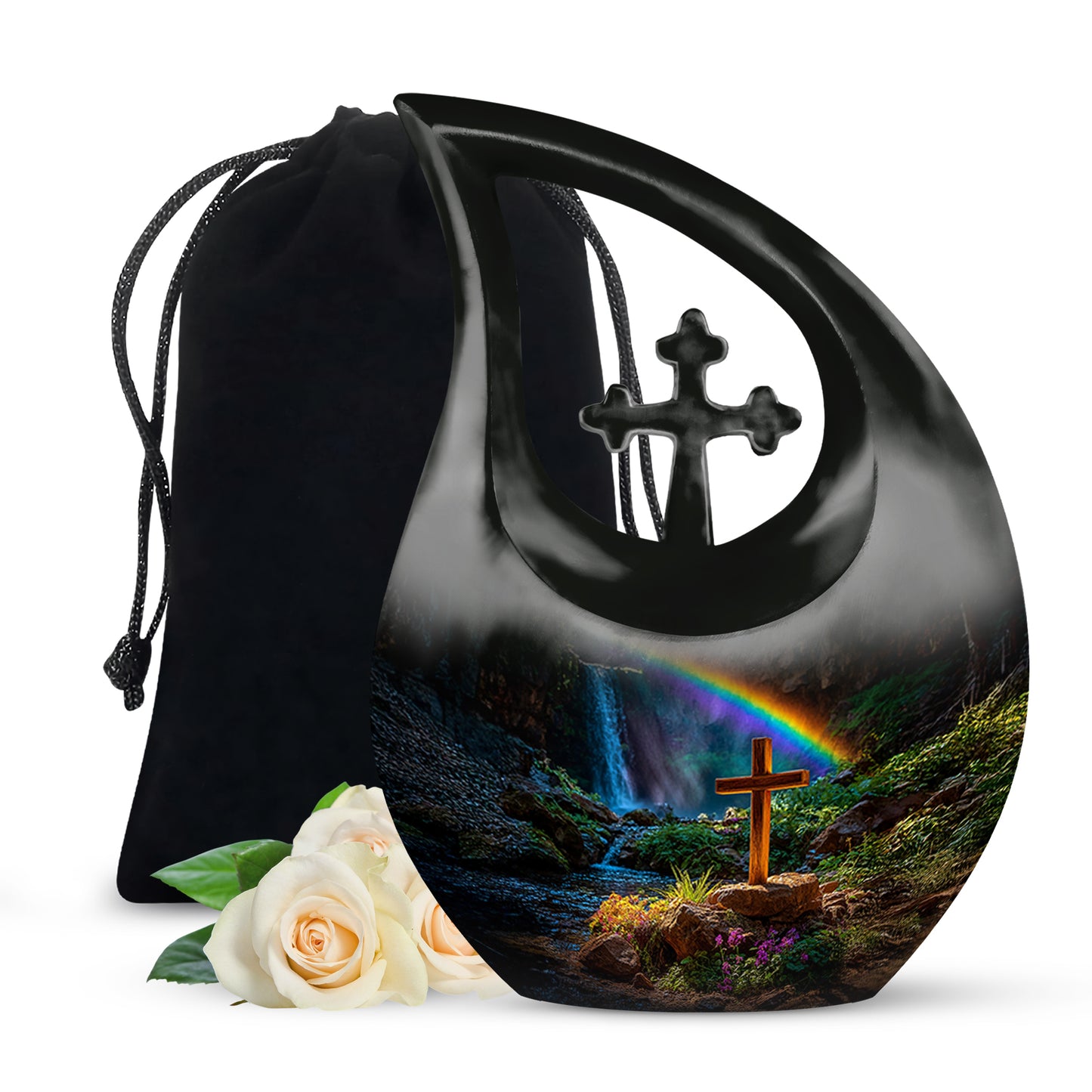Midnight Black Cross Cremation Urn top-down view of secure threaded lid - faith-inspired cross-drop urn with cross pattern - full-size 10 inch 200 cubic inch adult cremation urn