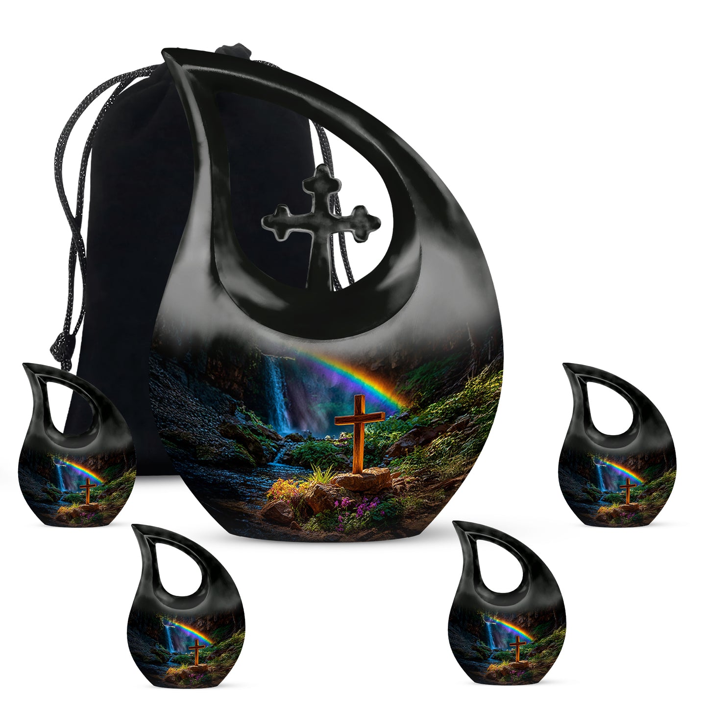 Ebony Cross Cremation Urn urn with complimentary velvet bag - cross and cross combined in spiritual memorial design - memorial set with one large and four small urns