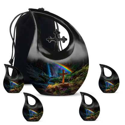 Ebony Cross Cremation Urn urn with complimentary velvet bag - cross and cross combined in spiritual memorial design - memorial set with one large and four small urns