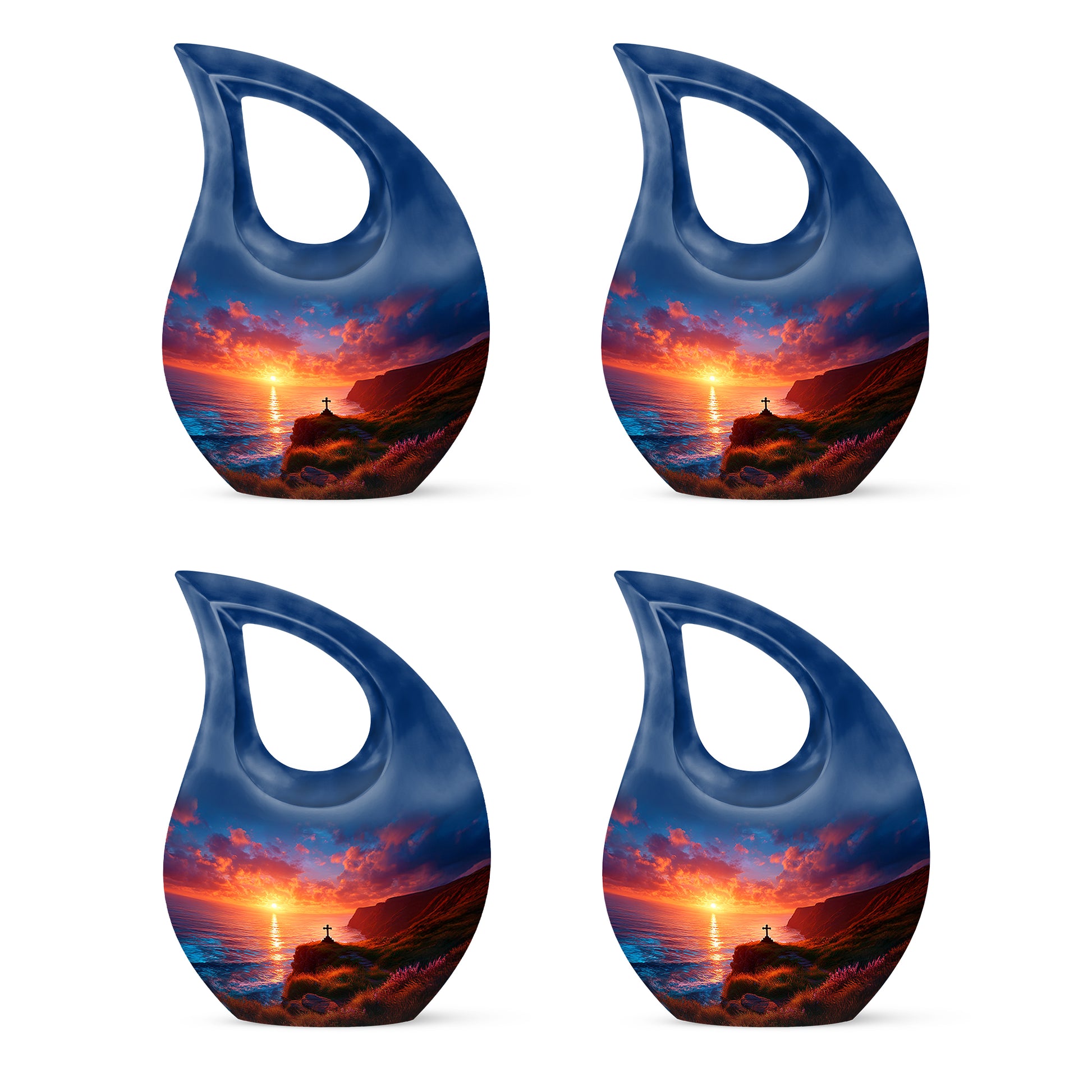 Navy Blue Cross Cremation Urn lifestyle display on memorial shelf - cross and cross combined in spiritual memorial design - 10 inch aluminum urn for cremated remains