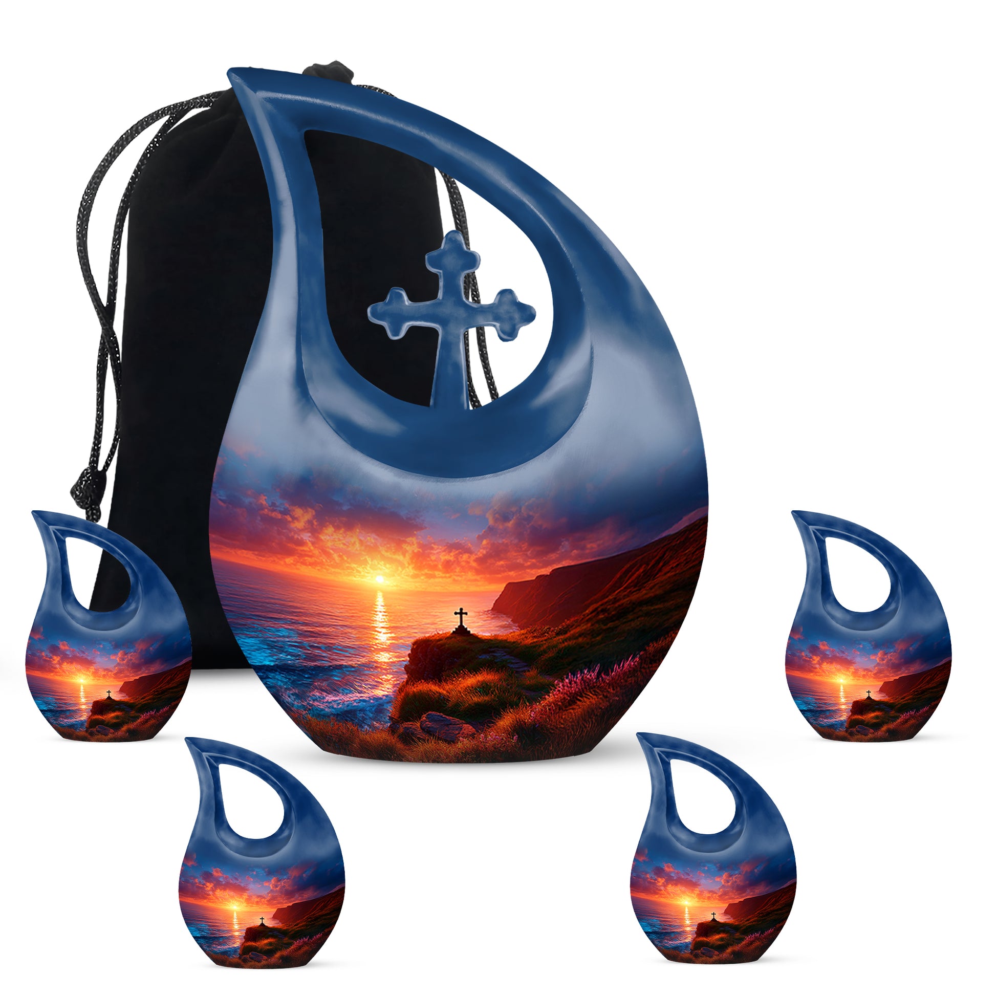 Twilight Blue Cross Cremation Urn urn with complimentary velvet bag - faith-inspired cross-drop urn with cross pattern - memorial set with one large and four small urns