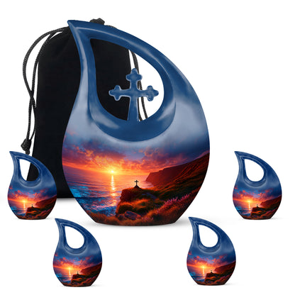Twilight Blue Cross Cremation Urn urn with complimentary velvet bag - faith-inspired cross-drop urn with cross pattern - memorial set with one large and four small urns