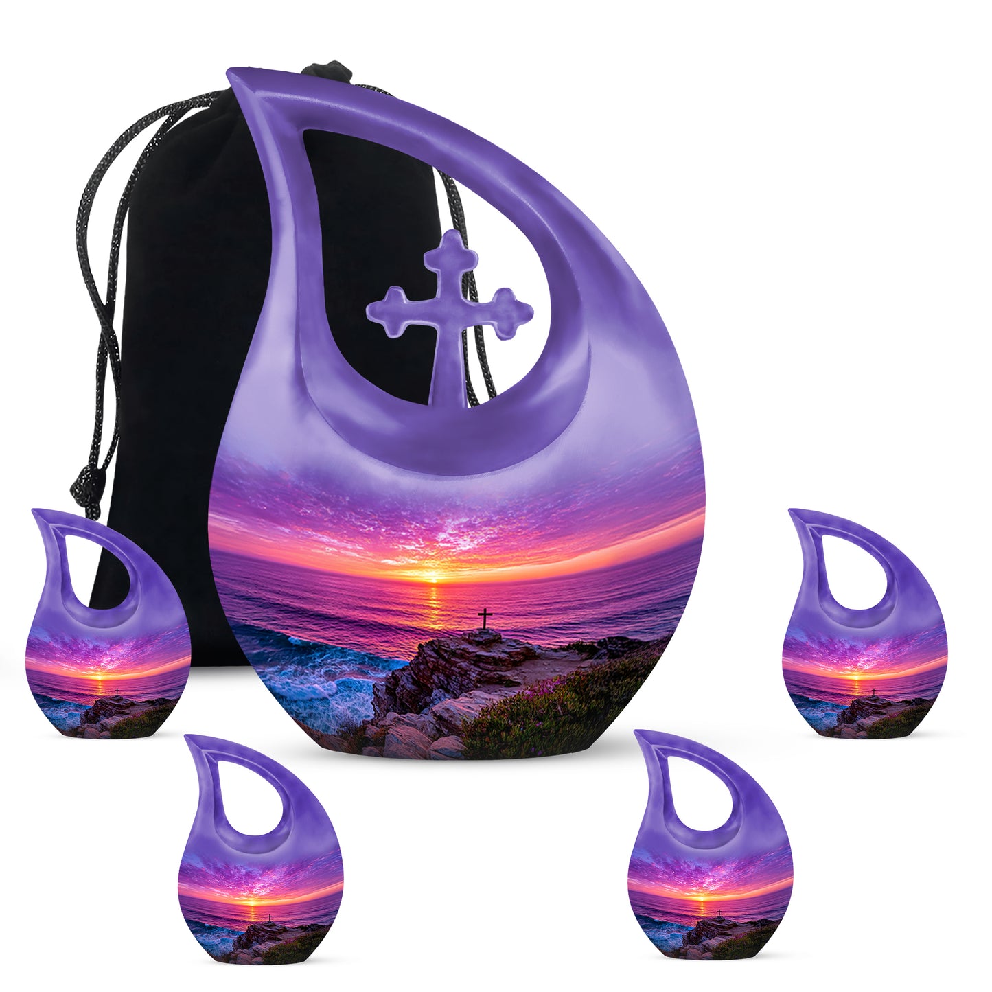 Azure Cross Cremation Urn urn with complimentary velvet bag - sacred cross merged with cross motif on metal - memorial set with one large and four small urns