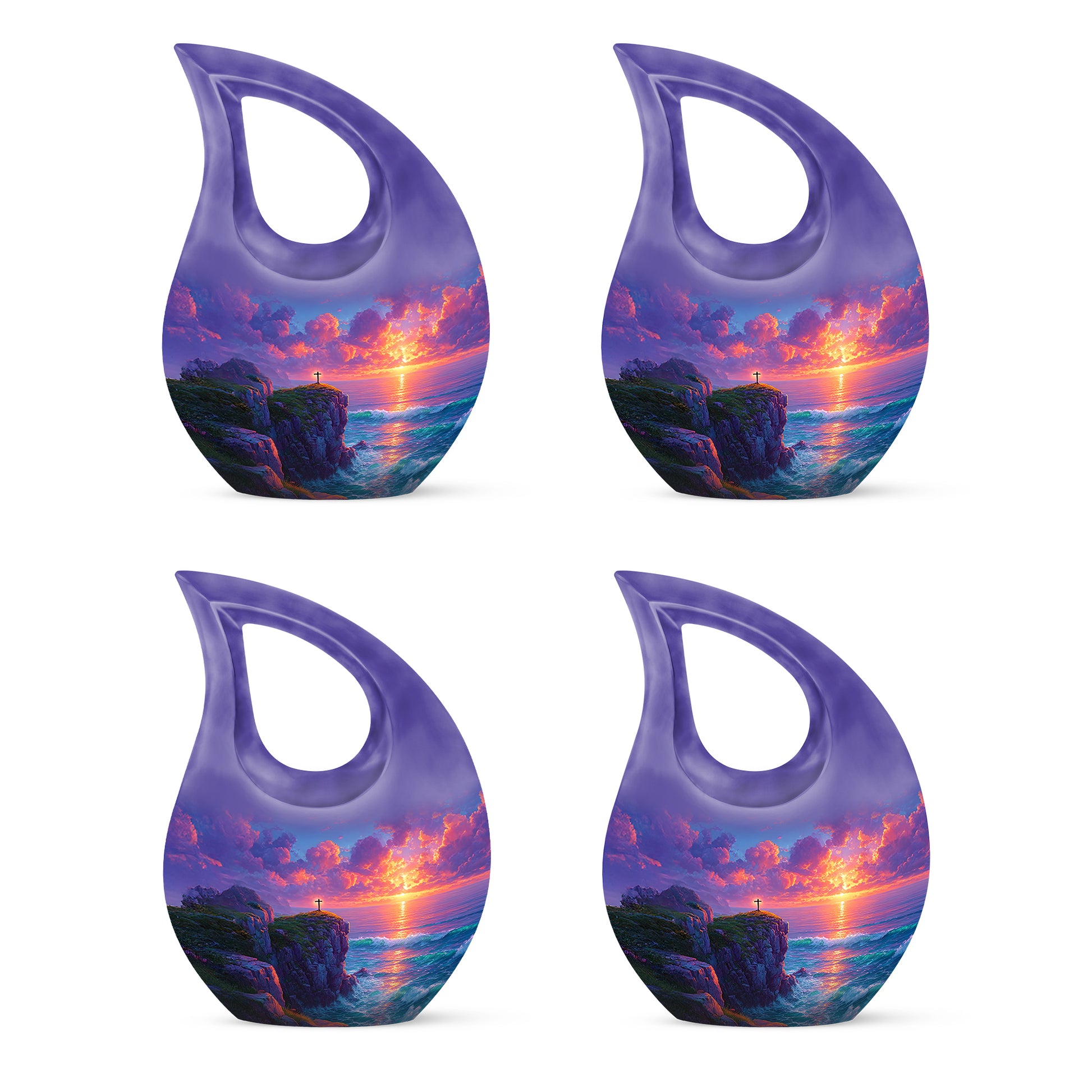 Dusty Blue Cross Cremation Urn lifestyle display on memorial shelf - cross and cross combined in spiritual memorial design - 10 inch aluminum urn for cremated remains