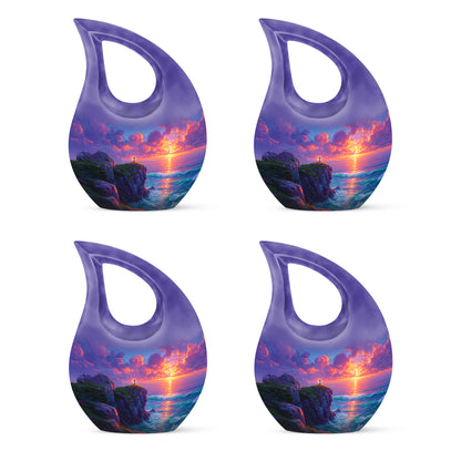Dusty Blue Cross Cremation Urn lifestyle display on memorial shelf - cross and cross combined in spiritual memorial design - 10 inch aluminum urn for cremated remains