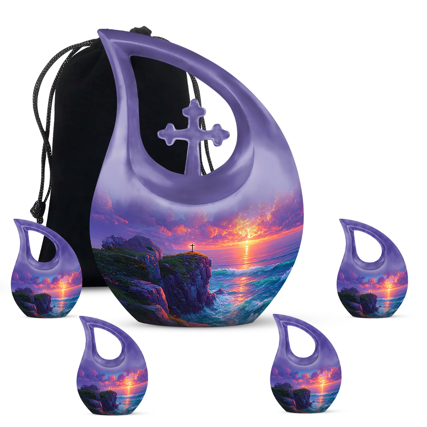 Soft Blue Cross Cremation Urn urn with complimentary velvet bag - faith-inspired cross-drop urn with cross pattern - memorial set with one large and four small urns