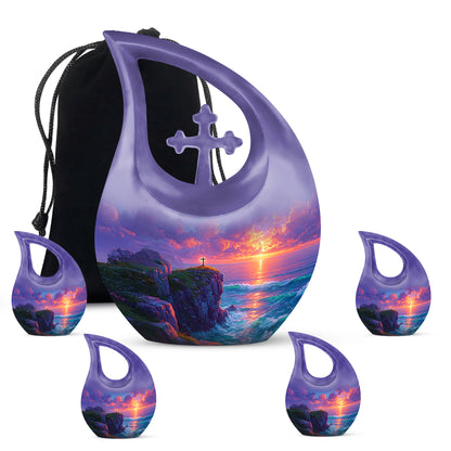 Soft Blue Cross Cremation Urn urn with complimentary velvet bag - faith-inspired cross-drop urn with cross pattern - memorial set with one large and four small urns
