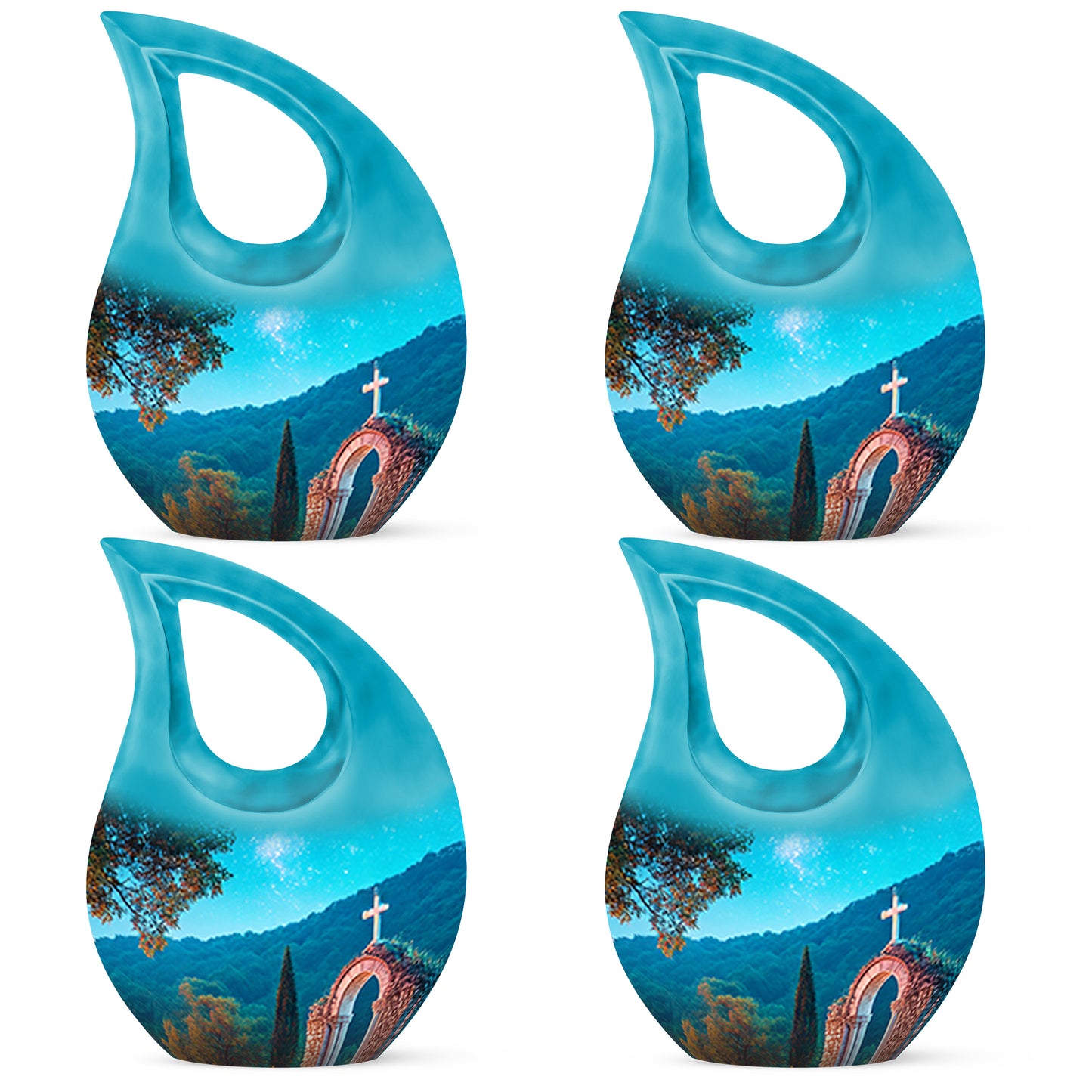 Bright Blue Cross Cremation Urn lifestyle display on memorial shelf - faith-inspired cross-drop urn with cross pattern - 10 inch aluminum urn for cremated remains