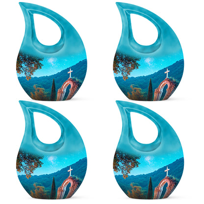 Bright Blue Cross Cremation Urn lifestyle display on memorial shelf - faith-inspired cross-drop urn with cross pattern - 10 inch aluminum urn for cremated remains