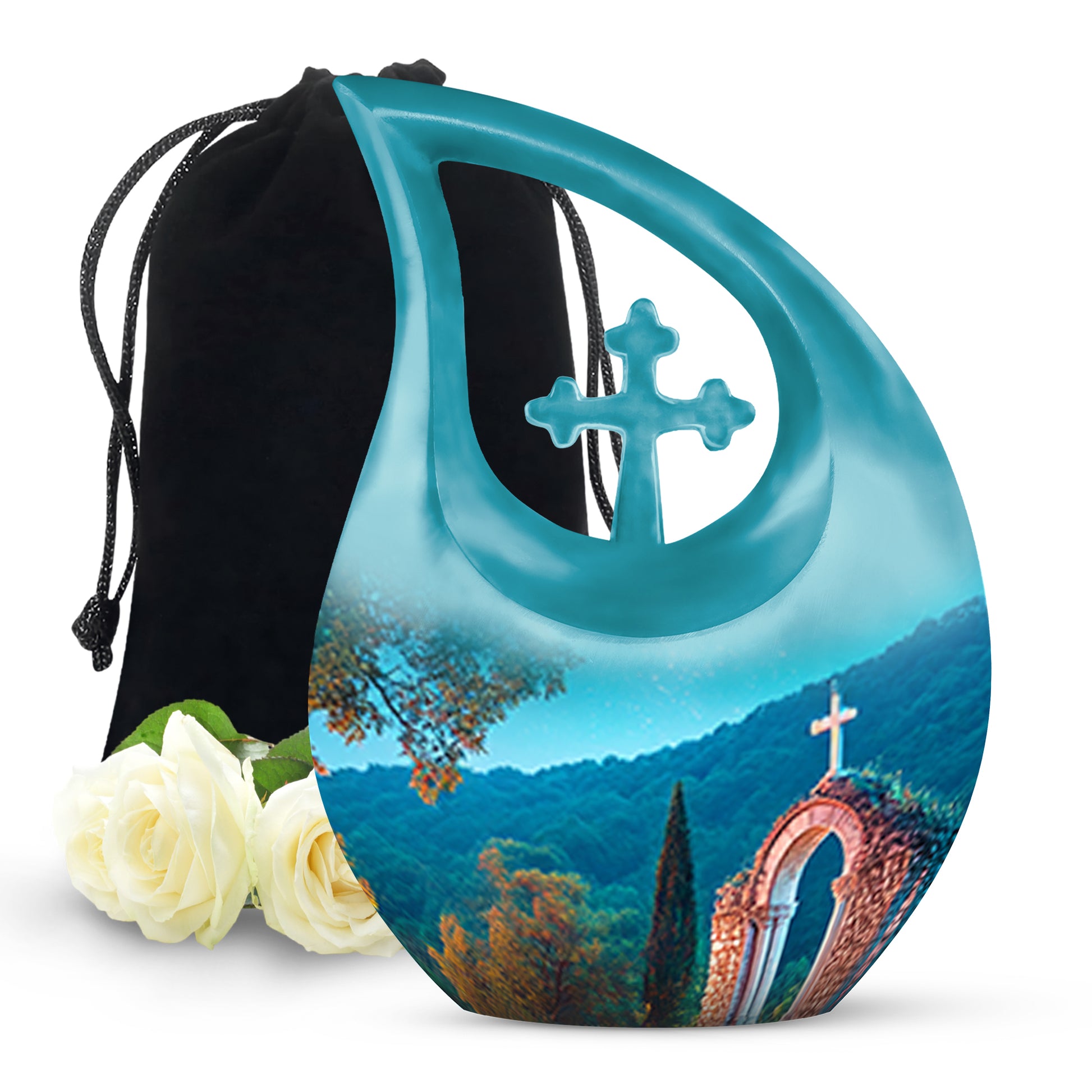 Steel Blue Cross Cremation Urn top-down view of secure threaded lid - faith-inspired cross-drop urn with cross pattern - full-size 10 inch 200 cubic inch adult cremation urn