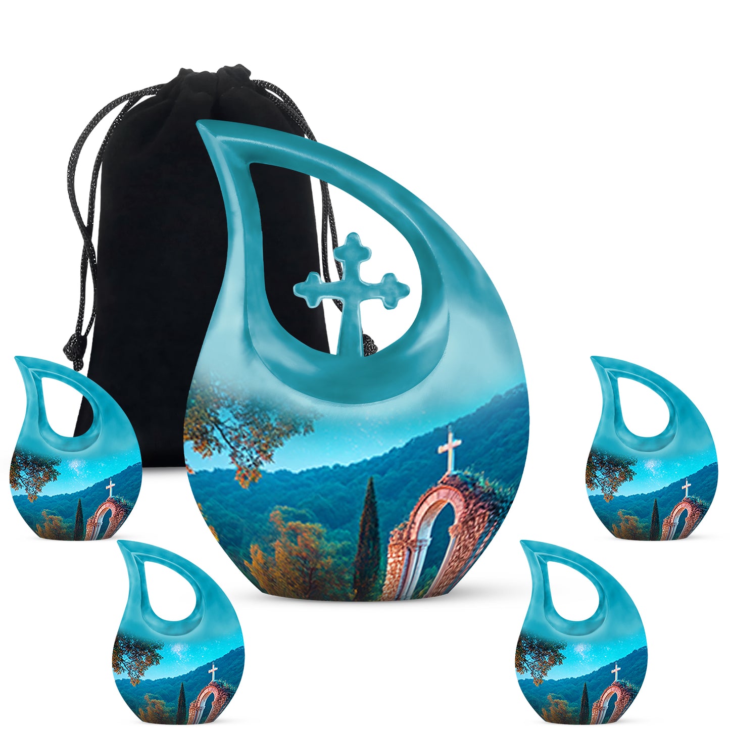 Bright Blue Cross Cremation Urn urn with complimentary velvet bag - faith-inspired cross-drop urn with cross pattern - memorial set with one large and four small urns