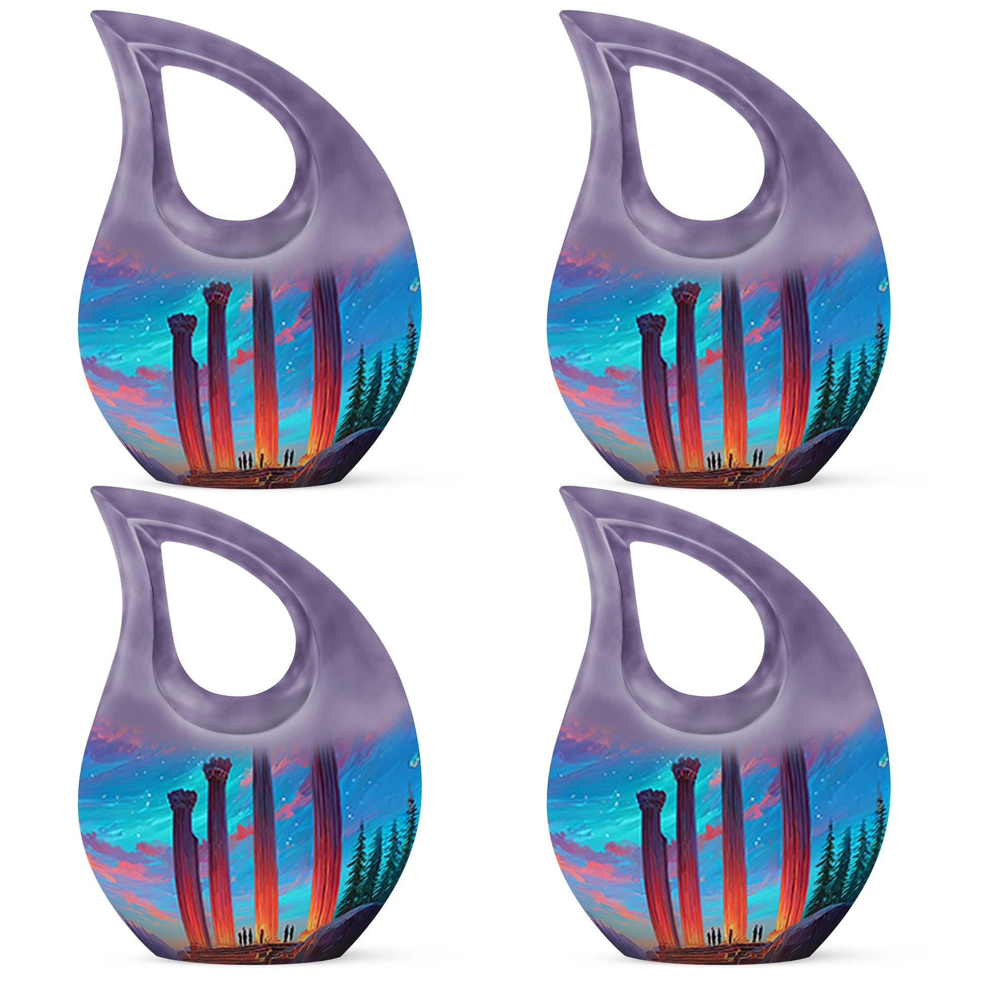 Azure Cross Cremation Urn lifestyle display on memorial shelf - sacred cross merged with cross motif on metal - 10 inch aluminum urn for cremated remains