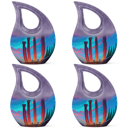 Azure Cross Cremation Urn lifestyle display on memorial shelf - sacred cross merged with cross motif on metal - 10 inch aluminum urn for cremated remains