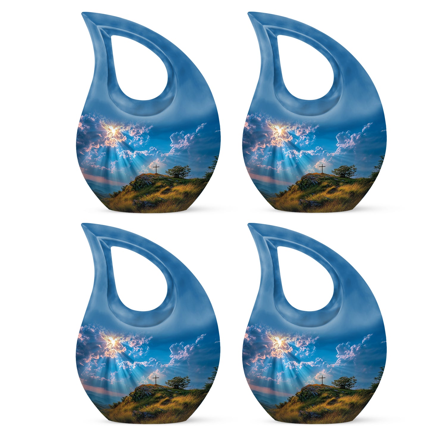 Steel Blue Cross Cremation Urn lifestyle display on memorial shelf - devotional cross-drop cross engraving - 10 inch aluminum urn for cremated remains