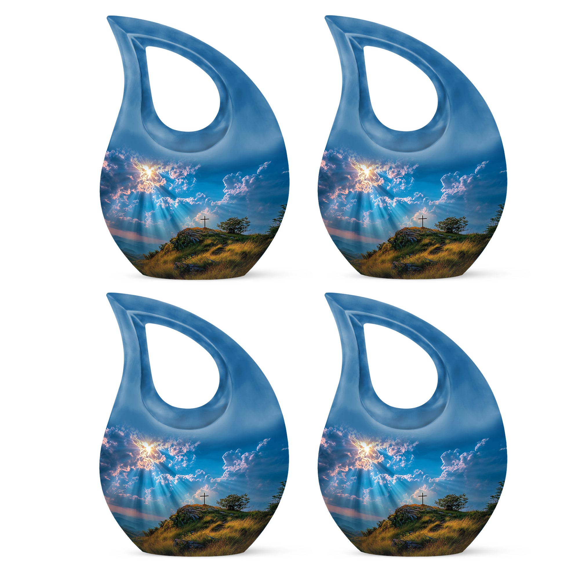 Steel Blue Cross Cremation Urn lifestyle display on memorial shelf - devotional cross-drop cross engraving - 10 inch aluminum urn for cremated remains