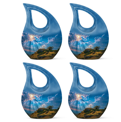 Steel Blue Cross Cremation Urn lifestyle display on memorial shelf - devotional cross-drop cross engraving - 10 inch aluminum urn for cremated remains