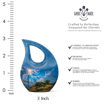 Dusty Blue Cross Cremation Urn back view with polished surface - cross and cross combined in spiritual memorial design - mini keepsake memorial for portion of cremation ashes