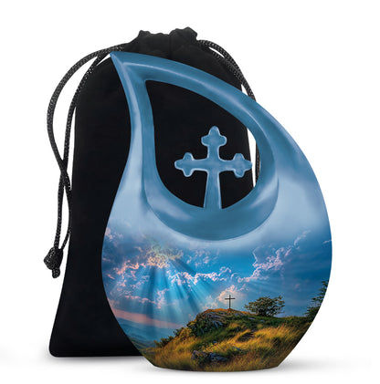 Pastel Blue Cross Cremation Urn top-down view of secure threaded lid - sacred cross merged with cross motif on metal - full-size 10 inch 200 cubic inch adult cremation urn