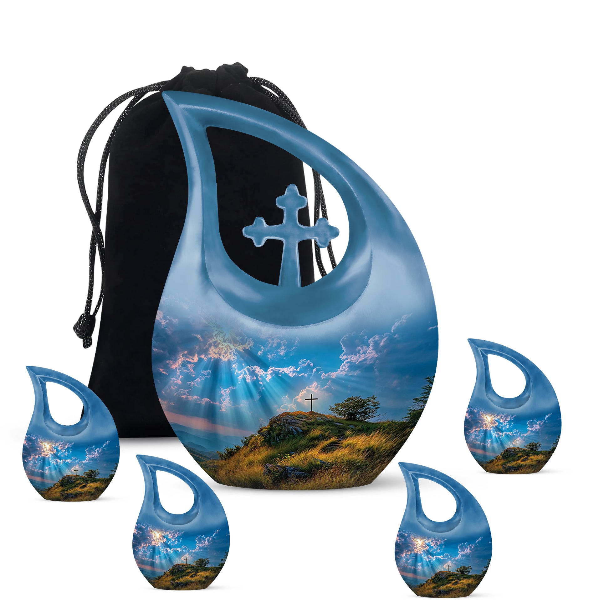 Slate Blue Cross Cremation Urn urn with complimentary velvet bag - cross and cross combined in spiritual memorial design - memorial set with one large and four small urns
