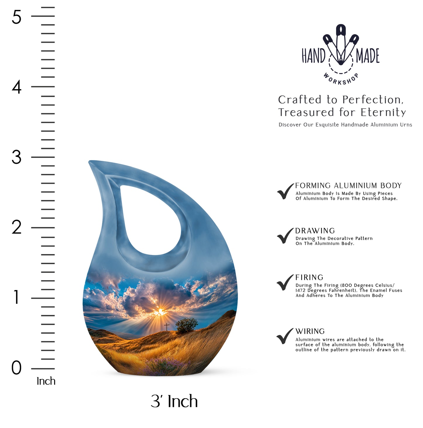 Cobalt Blue Cross Cremation Urn back view with polished surface - faith-inspired cross-drop urn with cross pattern - mini keepsake memorial for portion of cremation ashes