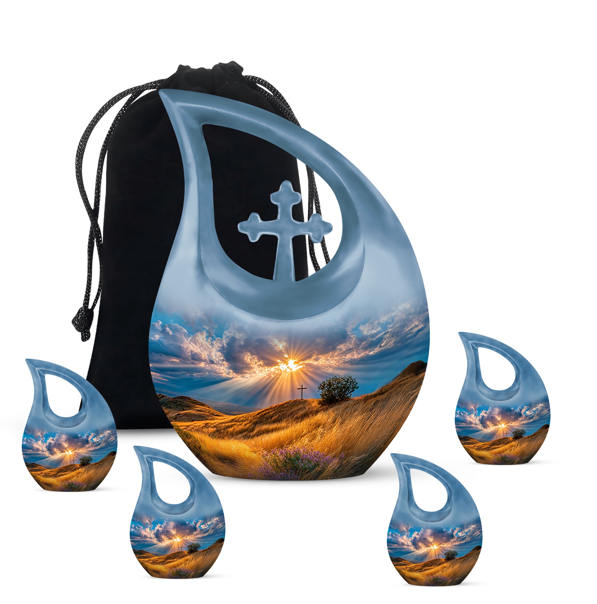 Soft Blue Cross Cremation Urn urn with complimentary velvet bag - faith-inspired cross-drop urn with cross pattern - memorial set with one large and four small urns