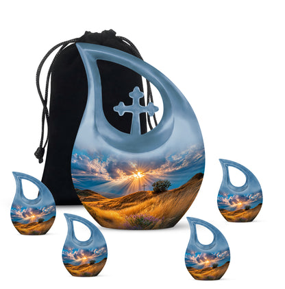 Soft Blue Cross Cremation Urn urn with complimentary velvet bag - faith-inspired cross-drop urn with cross pattern - memorial set with one large and four small urns