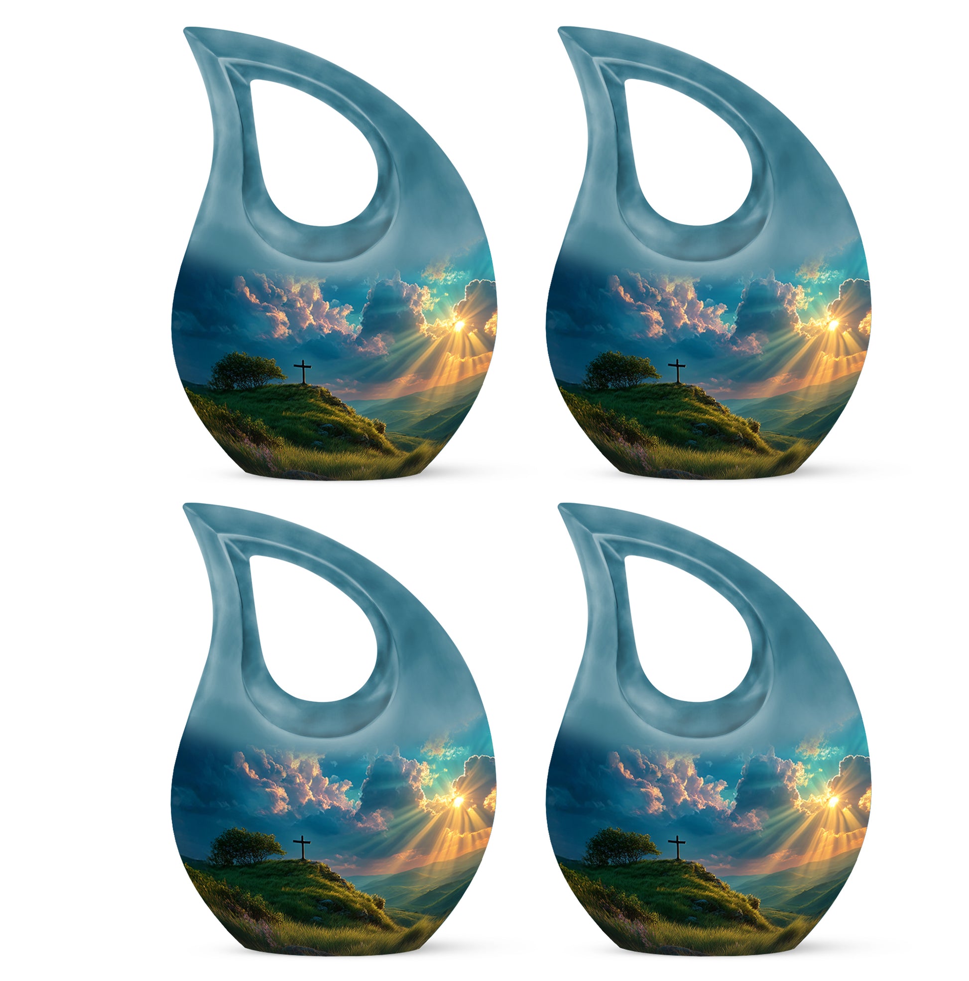 Ocean Teal Cross Cremation Urn lifestyle display on memorial shelf - sacred cross merged with cross motif on metal - 10 inch aluminum urn for cremated remains