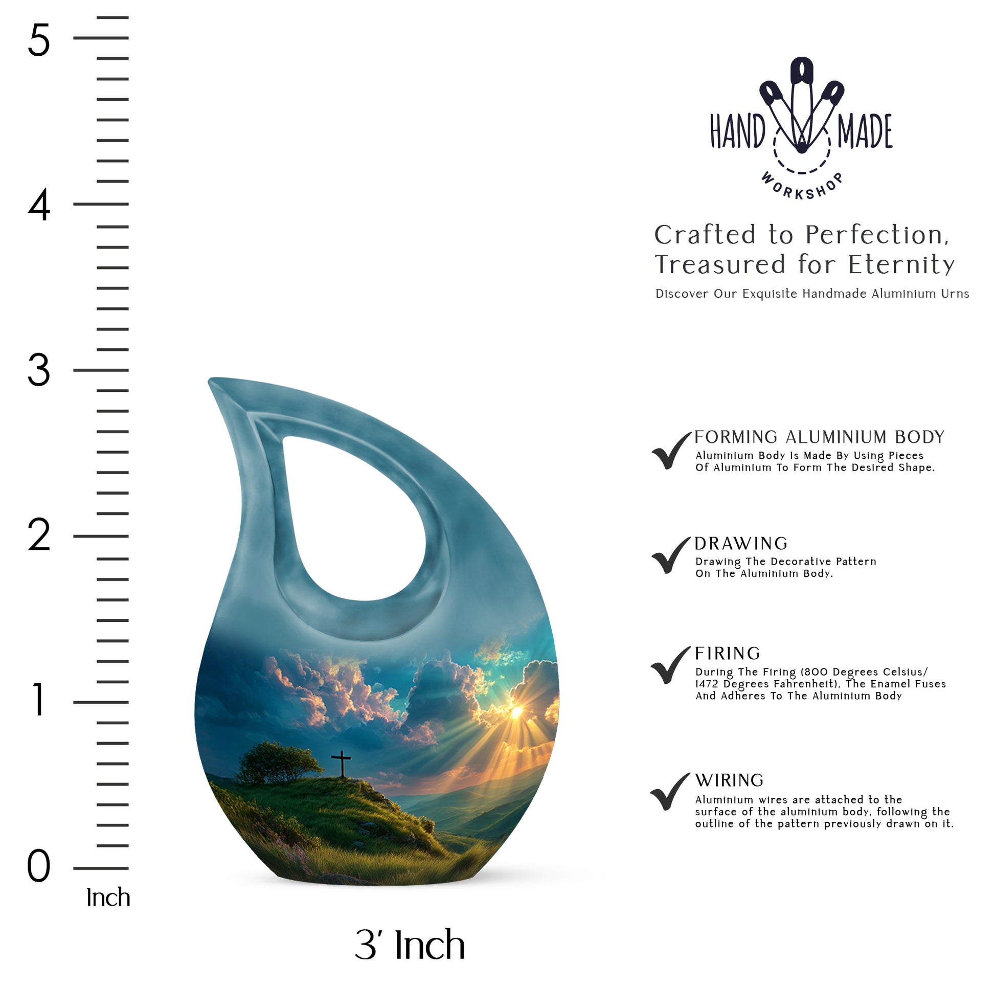Soft Teal Cross Cremation Urn back view with polished surface - cross and cross combined in spiritual memorial design - mini keepsake memorial for portion of cremation ashes