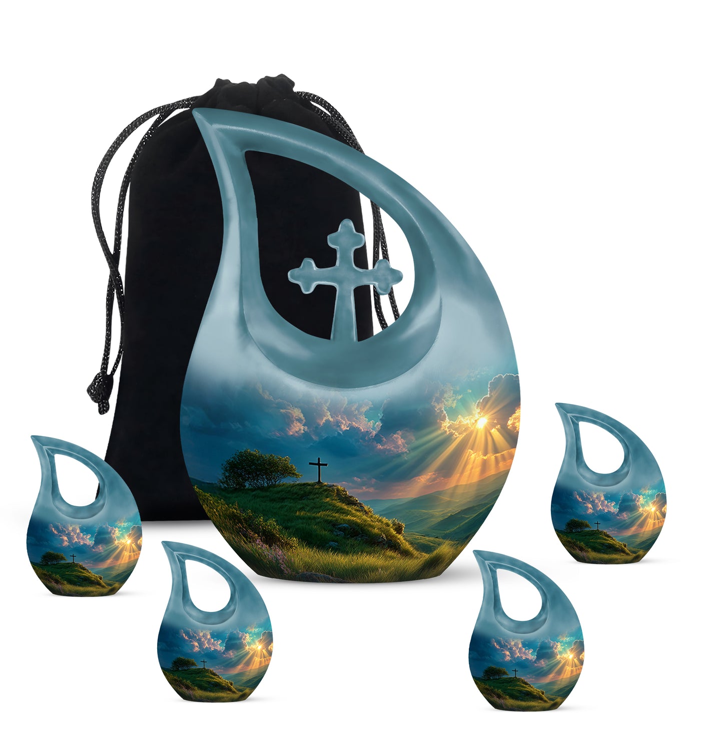 Cool Teal Cross Cremation Urn urn with complimentary velvet bag - cross and cross combined in spiritual memorial design - memorial set with one large and four small urns