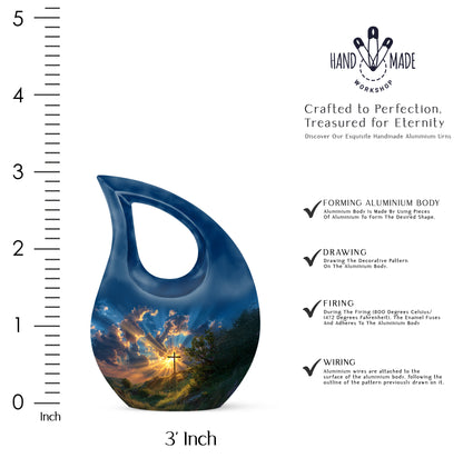 Twilight Blue Cross Cremation Urn back view with polished surface - devotional cross-drop cross engraving - mini keepsake memorial for portion of cremation ashes
